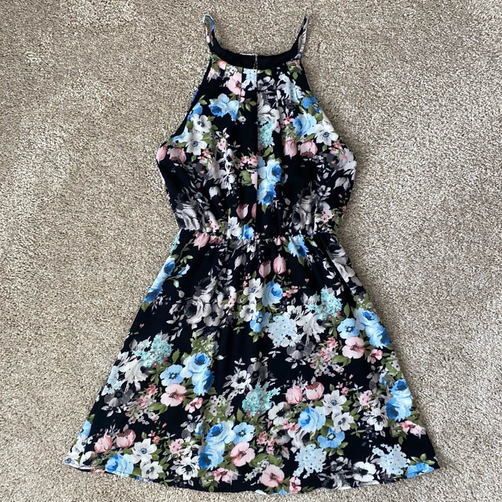 Francesca's Blue Rain High Neck Floral Mini Dress